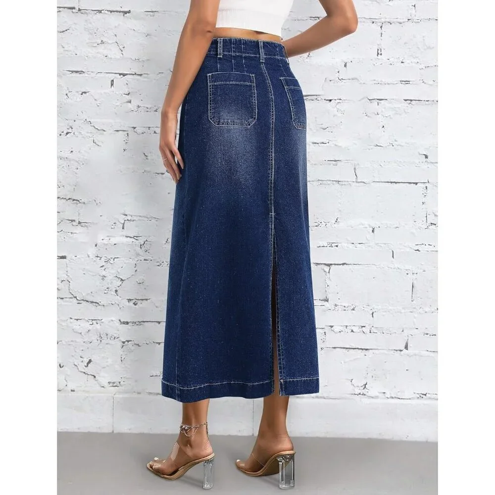 Long Denim Skirt Women Stretch Maxi High Waisted Pockets Back Slit Casual